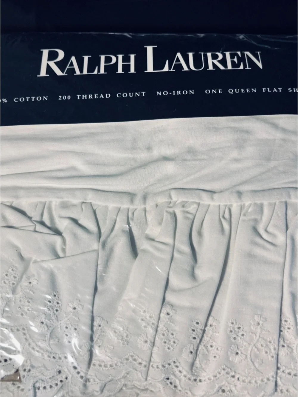 Ralph Lauren Queen Flat Sheet with Embroidered Lace Trim, 200 Thread Count, No-I